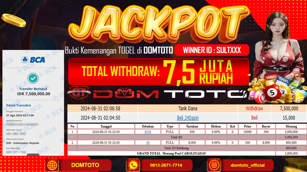 JACKPOT MENANG CAROLINAMIDDAY  31 AGUSTUS 2024